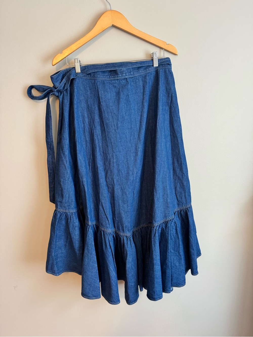 Polo Ralph Lauren Ruffled Chambray Wrap Skirt Blue Denim High-Low Size 12 euc - Picture 10 of 13